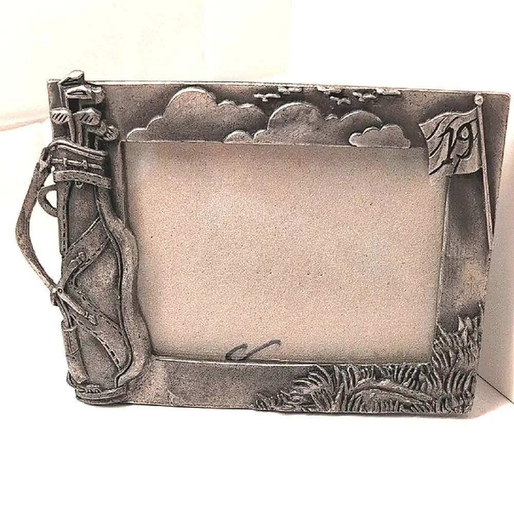 Golf Themed Pewter Picture Photo Frame Easel Back Vintage